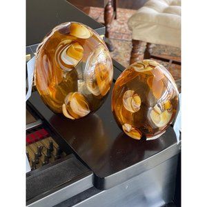 Pair Amber Caramel Art Glass Eggs By Haverty NWT